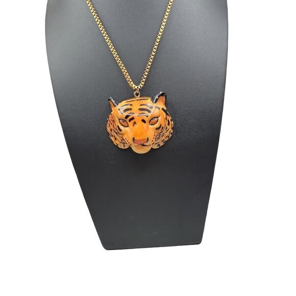Tiger Head Pendant Necklace 22" Gold Plated Box Chain Handmade Large Statement - Picture 2 of 16